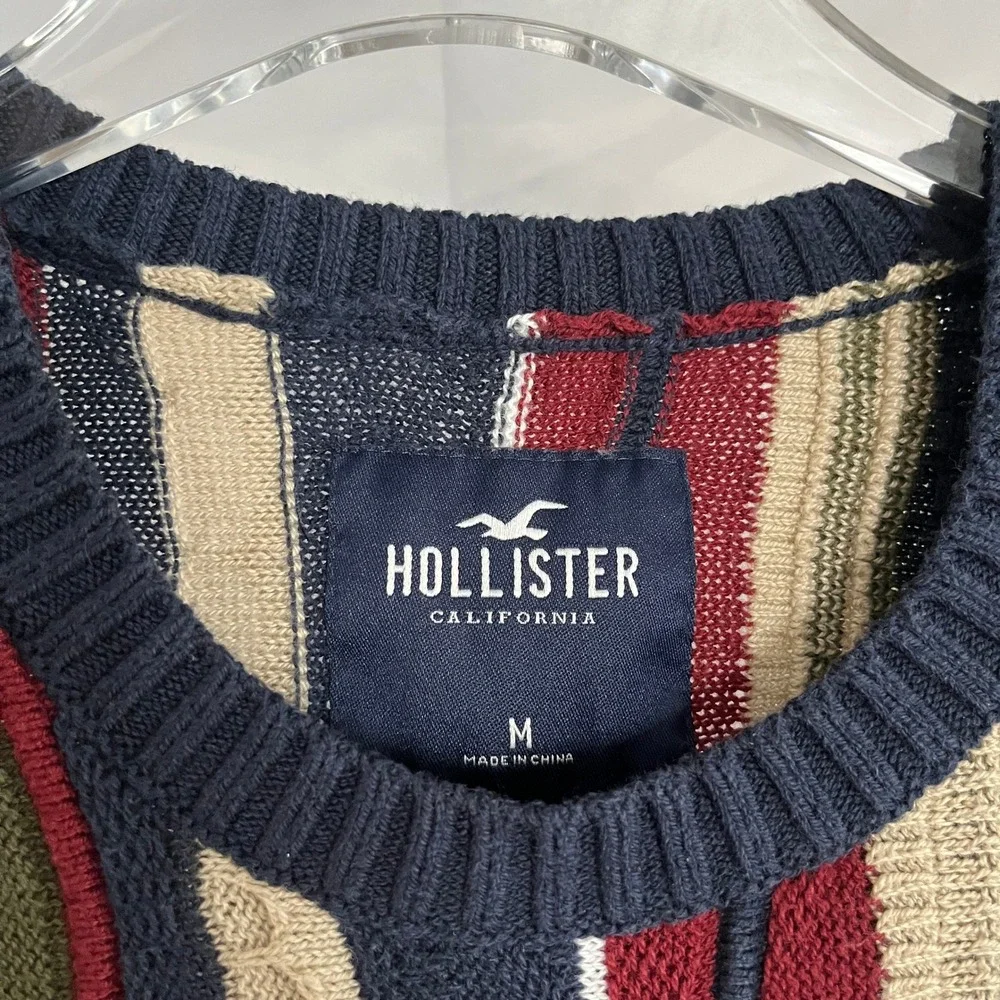 Hollister Mens 3D Knit Multi Color Striped Crewneck Sweater M 90's Retro Unisex